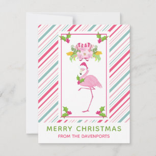 Pink Flamingo Santa Hat Candy Canes and Holly Holiday Card