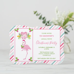Pink Flamingo Santa Hat Candy Canes and Holly Invitation