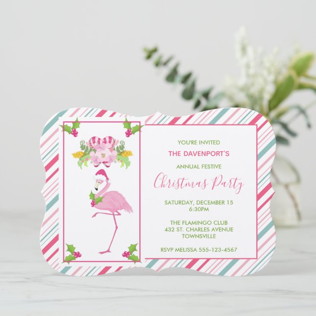 Pink Flamingo Santa Hat Candy Canes and Holly Invitation (Standing Front)