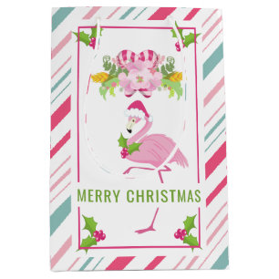 Pink Flamingo Santa Hat Candy Canes and Holly Medium Gift Bag