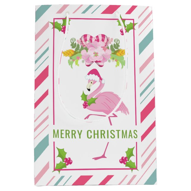 Pink Flamingo Santa Hat Candy Canes and Holly Medium Gift Bag (Front)