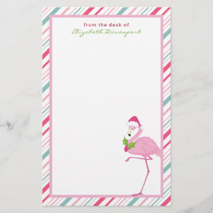 Pink Flamingo Santa Hat Candy Canes and Holly Stationery