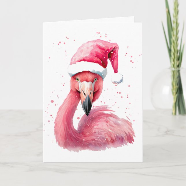 Pink flamingo santa hat Merry Christmas beach vibe Card (Front)