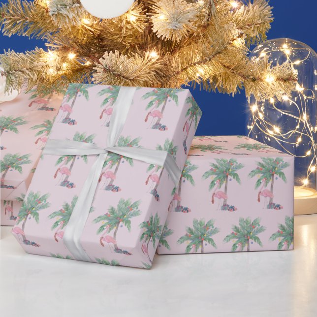  Pink Flamingo | Santa Hat with Palm Tree & Lights Wrapping Paper (Holidays)