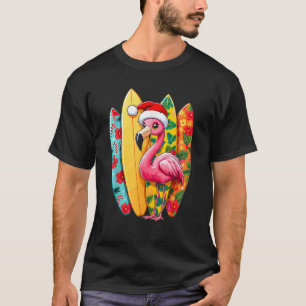 Pink Flamingo Santa Holiday Palm Tree Light Hawaii T-Shirt