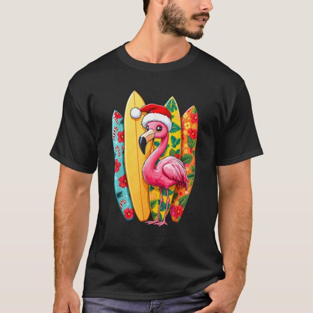 Pink Flamingo Santa Holiday Palm Tree Light Hawaii T-Shirt (Front)