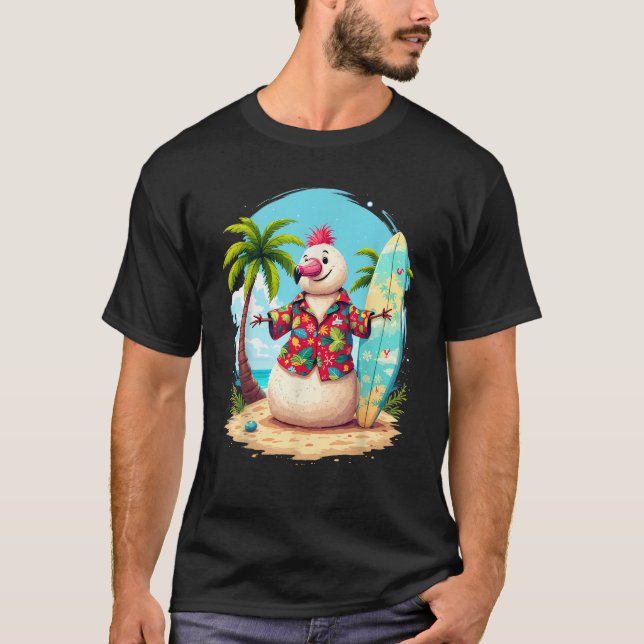 Pink Flamingo Santa Holiday Palm Tree Light Hawaii T-Shirt (Front)