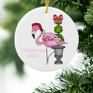 Pink Flamingo Santa Personalised Ceramic Tree Decoration