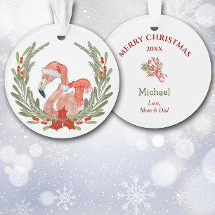 Pink Flamingo Santa Wreath Kids Ornament