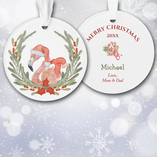 Pink Flamingo Santa Wreath Kids Ornament (Creator Uploaded)