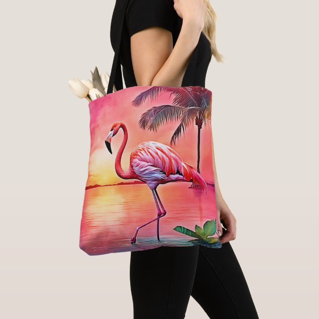 Pink Flamingo Scene Design Tote Bag (Close Up)