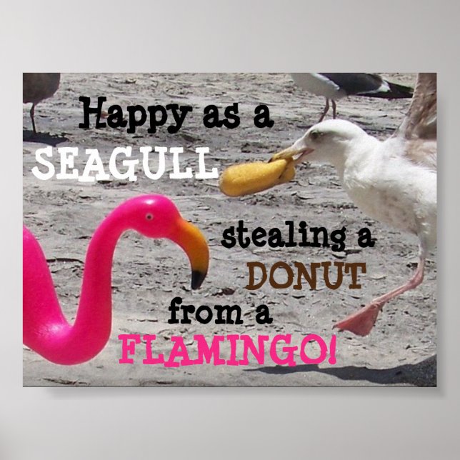 Pink Flamingo Seagull Doughnut Beach Vacation Humo Poster (Front)