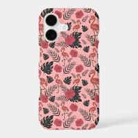 Pink flamingo seamless pattern flowers and leaves