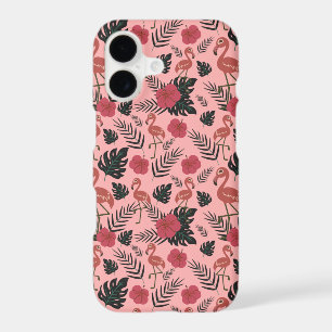 Pink flamingo seamless pattern flowers and leaves