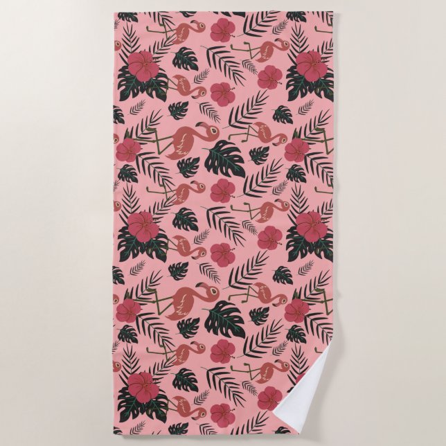 Pink flamingo seamless pattern flowers and leaves beach towel (Front)