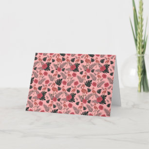 Pink flamingo seamless pattern flowers and leaves card