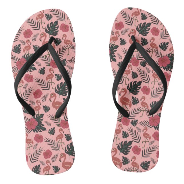 Pink flamingo seamless pattern flowers and leaves flip flops (Footbed)