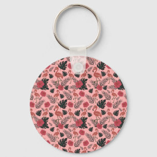 Pink flamingo seamless pattern flowers and leaves key ring