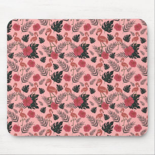 Pink flamingo seamless pattern flowers and leaves mouse mat
