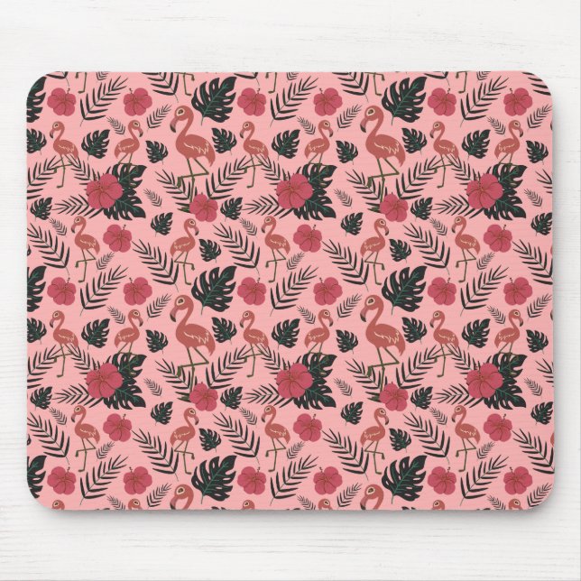 Pink flamingo seamless pattern flowers and leaves mouse mat (Front)