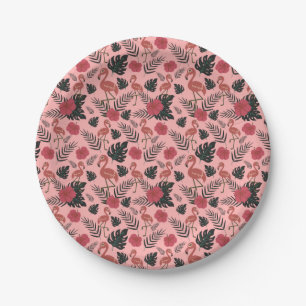 Pink flamingo seamless pattern flowers and leaves paper plate