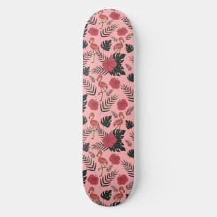 Pink flamingo seamless pattern flowers and leaves skateboard