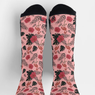 Pink flamingo seamless pattern flowers and leaves  socks