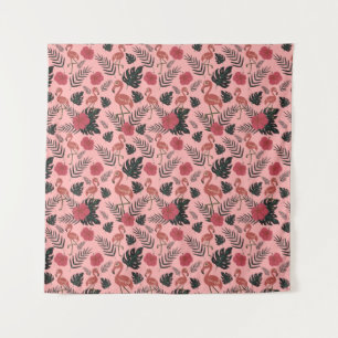 Pink flamingo seamless pattern flowers and leaves tapestry