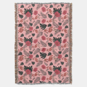 Pink flamingo seamless pattern flowers and leaves throw blanket