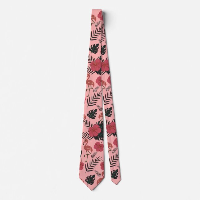 Pink flamingo seamless pattern flowers and leaves tie (Front)