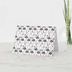 Pink flamingo seamless pattern flowers, leaves card