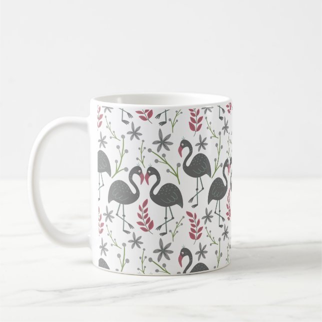 Pink flamingo seamless pattern flowers, leaves coffee mug (Left)