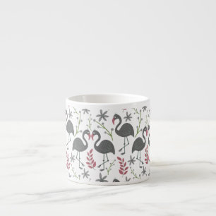 Pink flamingo seamless pattern flowers, leaves espresso cup