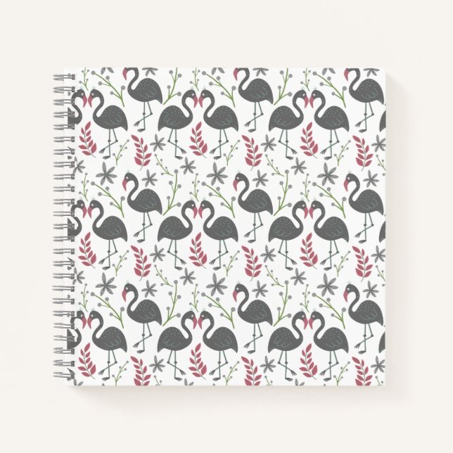 Pink flamingo seamless pattern flowers, leaves notebook (Front)