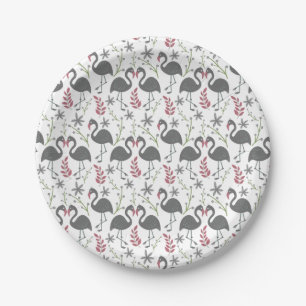 Pink flamingo seamless pattern flowers, leaves paper plate