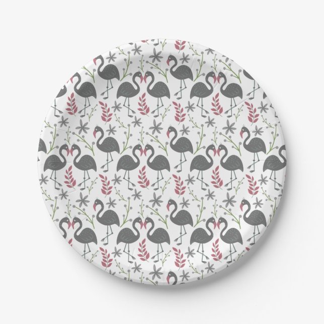 Pink flamingo seamless pattern flowers, leaves paper plate (Front)