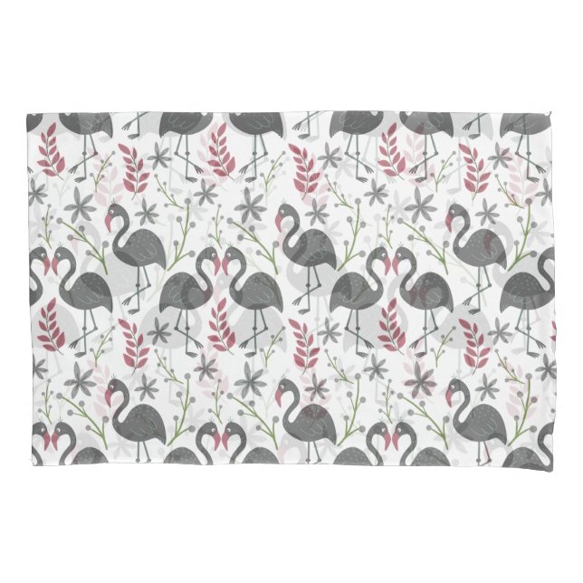 Pink flamingo seamless pattern flowers, leaves pillowcase (Front-Left)