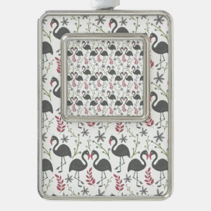 Pink flamingo seamless pattern flowers, leaves silver plated framed ornament