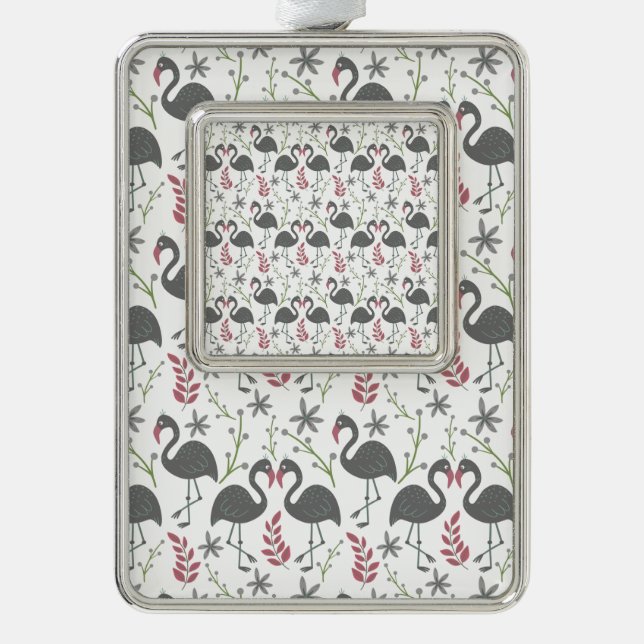 Pink flamingo seamless pattern flowers, leaves silver plated framed ornament (Front)