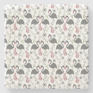 Pink flamingo seamless pattern flowers, leaves stone coaster