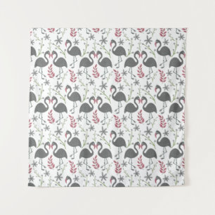 Pink flamingo seamless pattern flowers, leaves tapestry