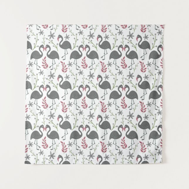 Pink flamingo seamless pattern flowers, leaves tapestry (Front)