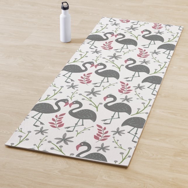 Pink flamingo seamless pattern flowers, leaves yoga mat (In Situ)