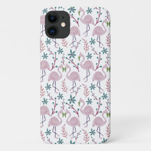 Pink flamingo seamless pattern on white background iPhone 11 case