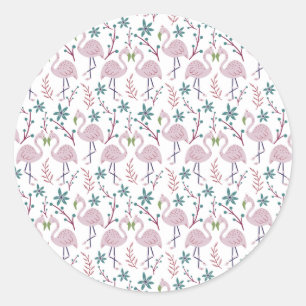 Pink flamingo seamless pattern on white background classic round sticker