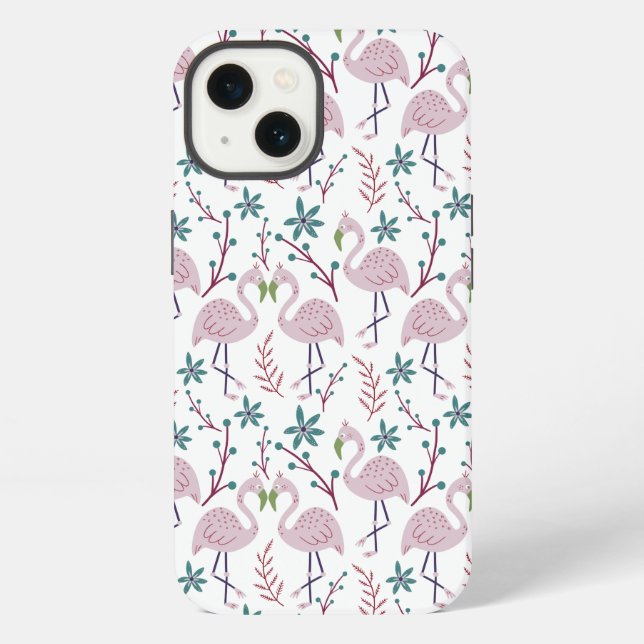 Pink flamingo seamless pattern on white background iPhone case (Back)