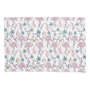 Pink flamingo seamless pattern on white background pillowcase