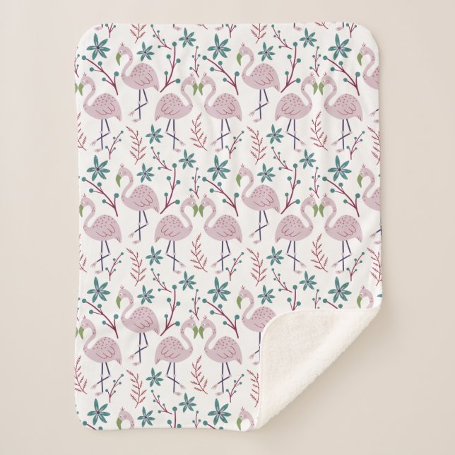 Pink flamingo seamless pattern on white background sherpa blanket (Front)