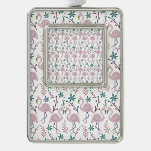 Pink flamingo seamless pattern on white background silver plated framed ornament