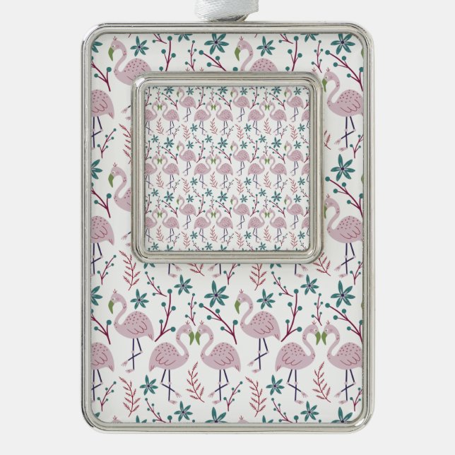 Pink flamingo seamless pattern on white background silver plated framed ornament (Front)